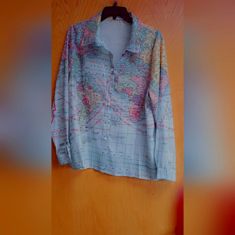 Fun Map Print Button-Up Shirt